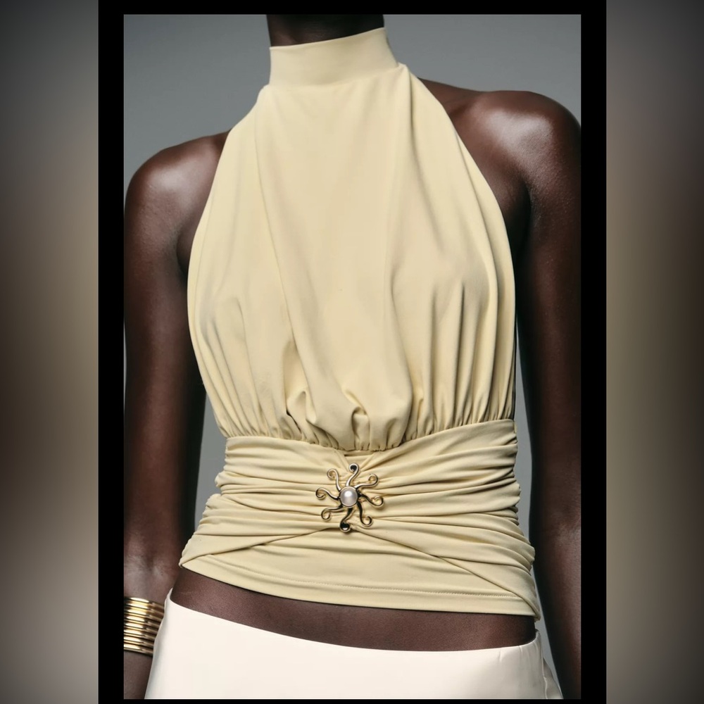 Zara Ruched Polyamide Sun Top – Gold Sunburst Detail ☀️✨ Size Small - Picture 2 of 10